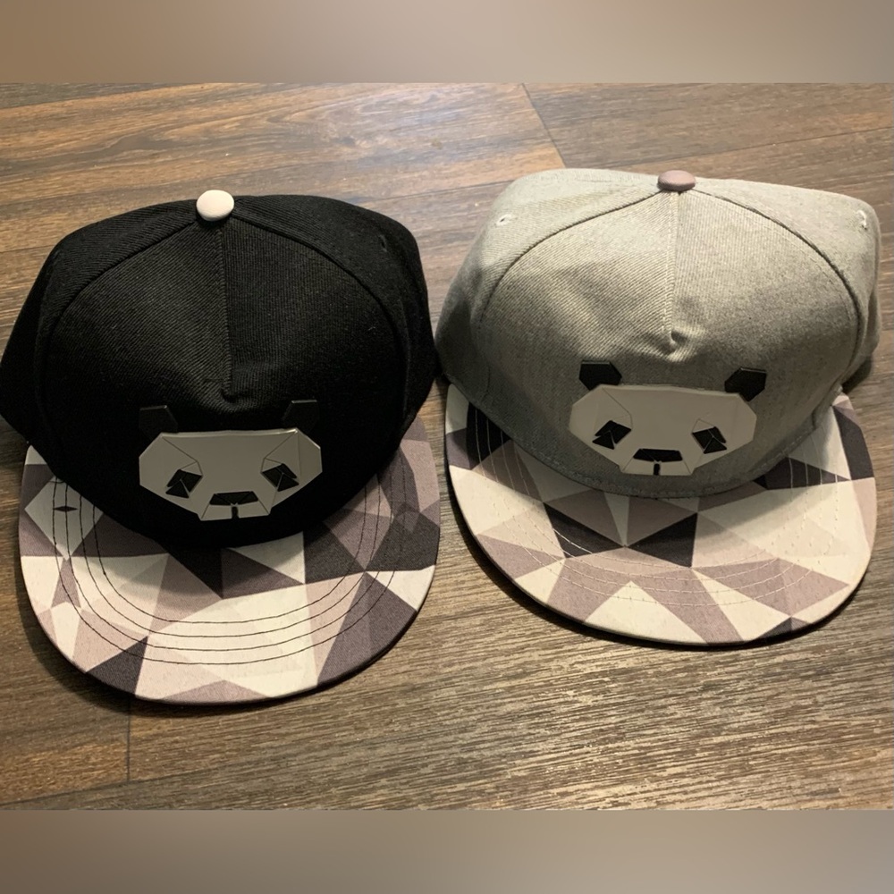 Grey White Panda Mosaic Ball Cap Hat Snapback Baseball NWOT Bundle of Two